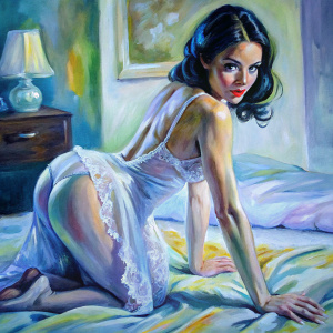An acrylic painting of the backside of Veronica lodge in a revealing white nightie crawling across a bed. she's facing away from the camera
