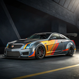 Digital illustration of a sleek Cadillac CTS-V Coupe. Custom paint scheme includes shades of gray, orange, yellow, and blue accents. Large rear wing and prominent Cadillac logo. Dark, abstract background.