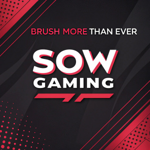Digital marketing artwork for Sow Gaming. The graphic showcases the brand's logo alongside catchy phrases such as 'Brush More Than Ever' and references to their official Twitter handle. Dominant use of black and red for a bold, modern look.