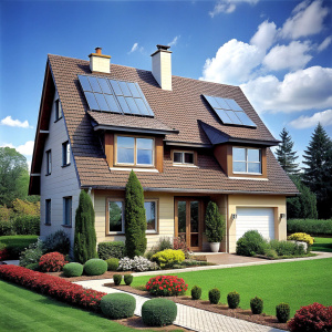 New suburban house with a photovoltaic system on the roof. 