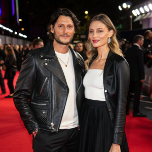 Aldo Montano and Olga Plachina attending the London Film Festival premiere of Maleficent: Mistress of Evil. Aldo in black leather jacket and white top. Olga in black skirt.