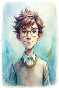 Cute slender young man with very short dark hair, wearing glasses and a sweater, smiling happily