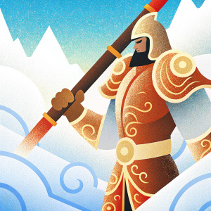 Highly detailed digital artwork of the Monkey King from DOTA 2. He is depicted in his battle-ready stance, wielding a large, ornately decorated weapon. The armor is adorned with vibrant red and gold motifs. Background is a fantasy realm with mystical elements.