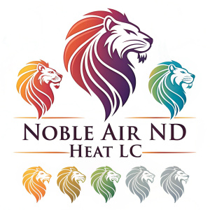 A collection of vibrant color logos for Noble Air and Heat LLC. Each logo showcases a sleek and modern lion's head intertwined with the company name. The branding is clean, professional, and highly legible.