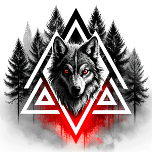 valknut runes pattern geometric symbols - wolf and trees - tattoo design - perfect realistic art - high-definition - grey and black - white background 