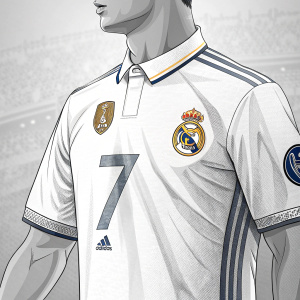 A close-up of Cristiano Ronaldo's Real Madrid soccer jersey. The iconic white jersey with number 7 stands out. The Madrid crest and Adidas logo are clearly visible on the left chest.
