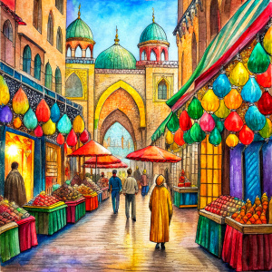 I want a drawing of the colorful and intricate bazaars of Istanbul, with people shopping on Sunday and colorful stalls.