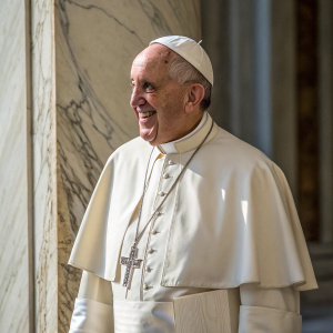 Close-up photo of Pope Francis, a beaming figure in white robes, standing against a marble-like backdrop. Warm, soft lighting