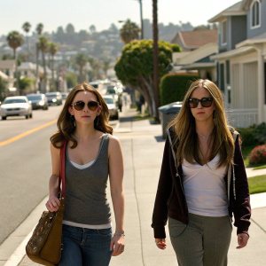 Michelle Trachtenberg and Amanda Bynes walking down a bustling suburban street, both in casual attire, with sunglasses. Background filled with suburban homes and a sunny day