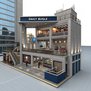 Rendering of the Daily Bugle headquarters. Futuristic building with complex architecture. Sign reading Daily Bugle at the top. Interior spaces with different functions. Colors of gray, brown, and blue blend together.