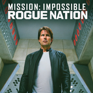 Official poster for Mission: Impossible - Rogue Nation. Tom Cruise with intense expression. Modern art deco styled backdrop. Gray and red color palette. Title and release details prominently featured.