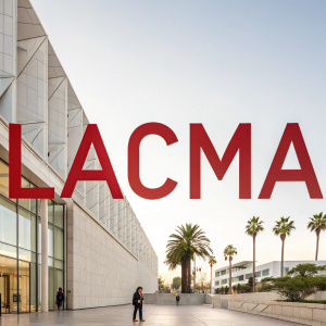 Modern logo for LACMA, featuring bold sans-serif font in red, centered on a clean white background. Simple yet striking design.