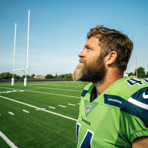 Ryan Fitzpatrick, in a vibrant green Titans jersey, intently staring ahead. Surrounded by lush green football field, complete with white sidelines and goalposts.
