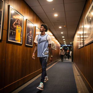 Ja Morant, wearing a casual sports jersey, walking confidently through a bustling locker room. Wooden panel walls with framed photos of legendary athletes line the space.