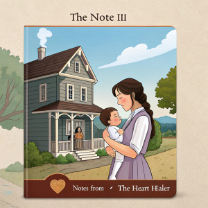 DVD cover design for 'The Note III: Notes from the Heart Healer'. A heartwarming image of a family: a mother holding her baby in front of a quaint, old-fashioned house set against a picturesque small-town backdrop.