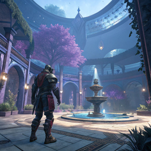 A high-definition 3D render from the game 'Godfall'. The protagonist, clad in advanced armor, stands resolutely in a grand courtyard. This space features a central fountain encircled by vibrant purple flora. The setting's architecture marries modern and mythic styles, bathed in hues of deep blue, purple, and metallic sheens.