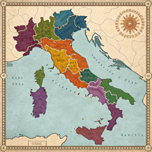 A vibrant, colorful map of Italy circa 1492. Each region depicted in distinct hues: purple for Tuscany, orange for Sicily, green for Lombardy. Rich in detail with borders and shapes outlining various states.