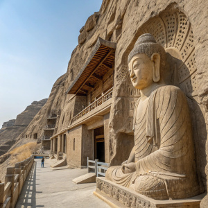 Ancient stone statues carved into the mountainside at the Mogao Caves, featuring intricate details and multi-level structures.
