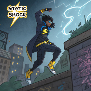 Illustration of Static Shock character. Mid-air, dark outfit, blue and yellow highlights. Urban background with graffiti, building silhouettes. 'STATIC SHOCK' logo and artist's signature.