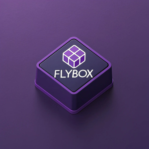 The FlyBox logo, featuring a sleek, modern design with a cube structure in deep violet, showcasing the word 'FLYBOX' in a clean, sans-serif font, against a purple background.