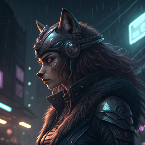 Sheila the She Wolf, in a dark cyberpunk scene, intense stare, adorned with a detailed headgear. Long wavy brown hair flowing freely. Neon lights casting shadows