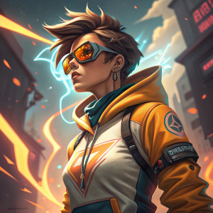 Concept art of Tracer from Overwatch. Intense look, athletic build, wearing iconic shades and hoodie. Background filled with vibrant, futuristic shapes and lines