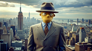 Homer Simpsons, Home Dressed in a Gucci suit, looking like a gangster, 1930's style, Mafia gangster,  tommy gun, looking cool, NYC scenery
