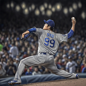Hyun-Jin Ryu, number 99, pitching with intense focus. Gray jersey with blue highlights. Crowd blurred in the background.