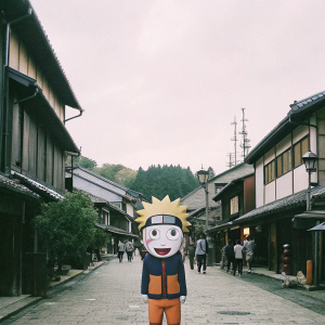 Naruto, the protagonist, with a cheeky grin, sticking out his tongue. Wearing a blue jacket and orange pants. Vibrant anime style, against a background of the bustling village.