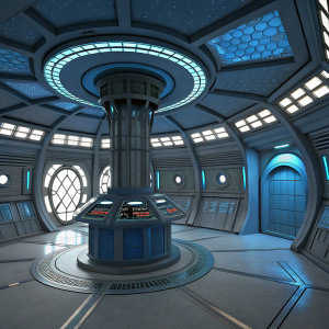 Digital 3D rendering of the TARDIS interior. Futuristic, alien aesthetic. Blue and grey color scheme.
