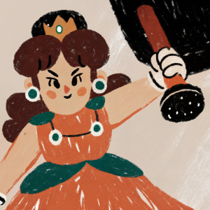Princess Daisy from Super Mario Strikers Charged. Wearing a vibrant orange dress with golden accessories. Stands in a dynamic pose, ready to strike. Digital artwork, no background.