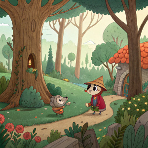 Hand-drawn animation scene from 'Reprisal', a whimsical stop-motion short. Created by Boral Kambay. Forest setting with detailed characters