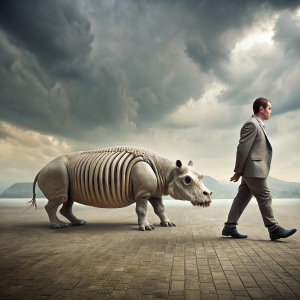 walking with a skeleton of a hippopotamus by Bruno Pontiroli