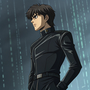 Trowa Barton, character from Gundam Wing. Anime style. Wears a sleek black bodysuit. Dark, digital illustration background.