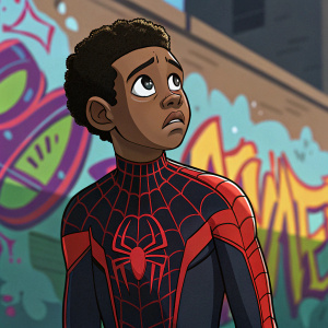Illustration of Miles Morales, Spider-Man. Worried expression. Graffiti and bright colors in the background. Comic book style.