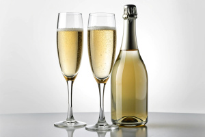 a bottle of champagne and two poured glasses