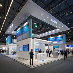 At a bustling tech conference, the Alcon booth stands out with sleek, modern design. White walls, gray accents, and blue highlights. Interactive displays, large screens, and informative panels. Well-lit with focused spotlights, showcasing brand identity.