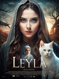 LEYLA yazılı çizgi filmi kapağı tasarla. Cadılar ve büyücü kadın ve beyaz 