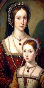 Crea una foto de ana bolena como reina junto a su hija isabelle