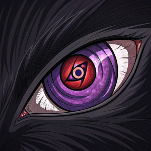 Rinnegan, Naruto's special eye, depicted in a detailed digital artwork. Triangular shape with swirling purple and red hues, set against a dark background.