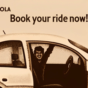 Illustration of Ola, India's top cab booking service. A friendly driver waves from a cab with open doors. Inviting text: 'Book your ride now!'