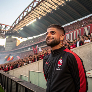 Lorenzo Insigne, AC Milan player, posing in front of the stadium. He is wearing a training kit with team logo. Background is the packed stadium with cheering fans