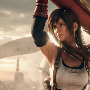 Close-up of Tifa Lockhart, iconic video game character from Final Fantasy VII. Dressed in a black tank top and combat gear. Set against a digital landscape backdrop.