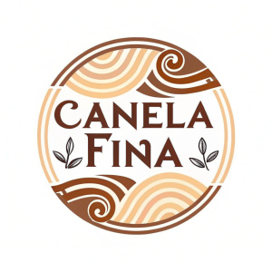 Modern logo featuring 'Canela Fina' in sleek font. Warm brown and beige swirls create an inviting, traditional feel. Ideal for a vegan restaurant or food business. Clean, unique design stands out easily.