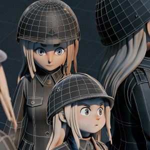 Chibi-style digital illustration featuring anime characters with long blonde hair. Military-themed attire. 3D render on a solid purple backdrop. Detailed grid-like patterns. Various angles showcasing facial features and hairstyles. Modern digital art.