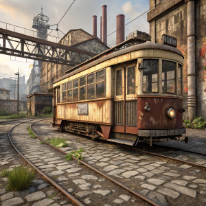 A 3D digital rendering of an old, rusty tram in an industrial setting. The tram has a weathered brown and beige appearance with rusted accents. The background features cracked stone pavement, graffiti-covered walls, and large industrial pipes.