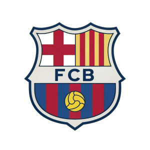 Digital illustration of FC Barcelona logo. Shield-shaped emblem with diagonal red and blue stripes, intersected by a white cross. The abbreviation FCB in white font at the center. Bold, graphic design on a white background.