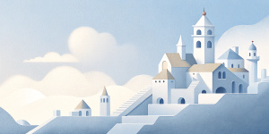 White illustration,  Marek Brzozowski style, isolated surrealistic collage of structural aesthetics, a lot of historical victorian houses and briges, huge ocean and sky, white, light pastel colors, zoom out view, grainy texturing paper