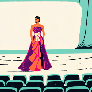 Camila Rajchman in an elegant purple and pink gown at the Latin Grammy Awards. Empty white stage with event logos