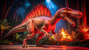 Spinosaurus, the picture red light Spinosaurus full body, without words,zoo on backgroung, looks to the left